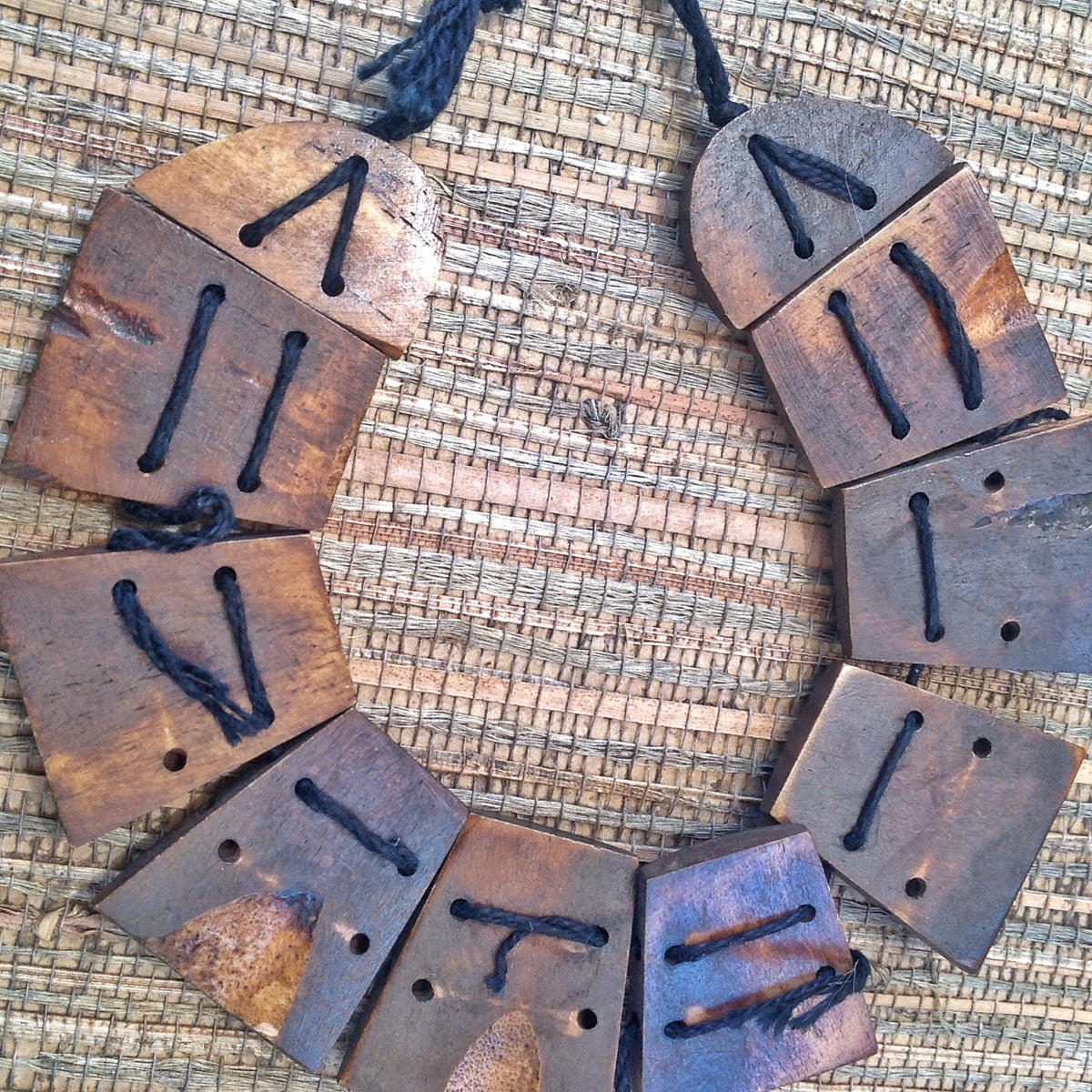 Carved Wooden Buddhist Flat 4-Holed Beads, Strand, Nepal - Rita Okrent Collection (ANT117)