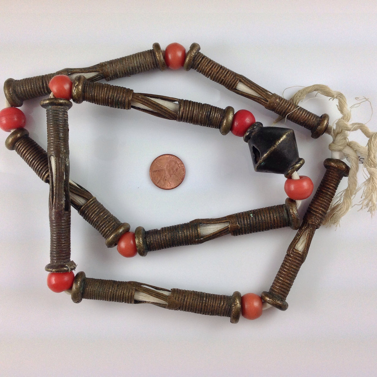 Lost Wax Brass Hair Beads with Coral Prosser Beads, Old, Niger- AT0314