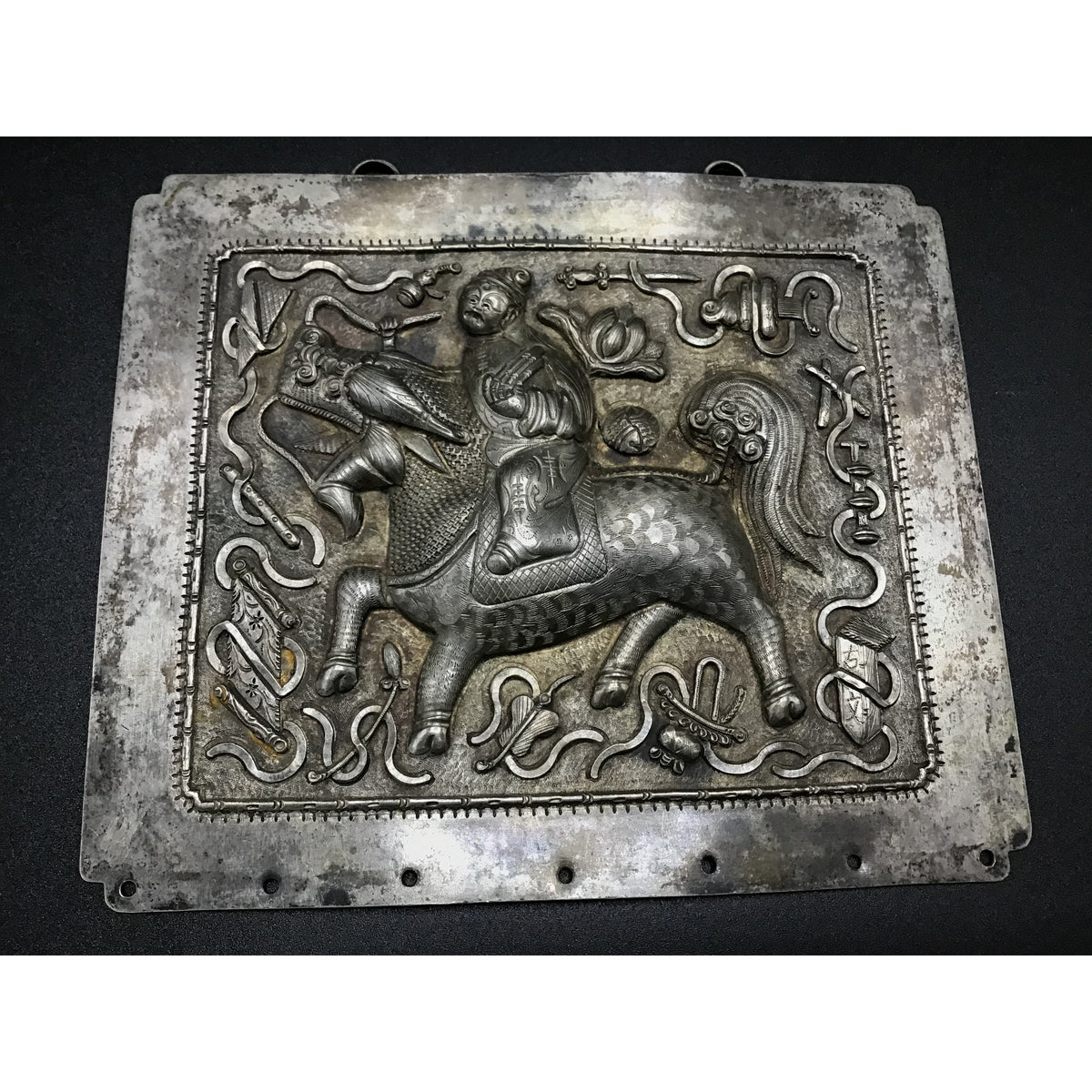 Antique Chinese Repousse Silver Plaque with Warrior on Decorated Horse - Rita Okrent Collection (C180)