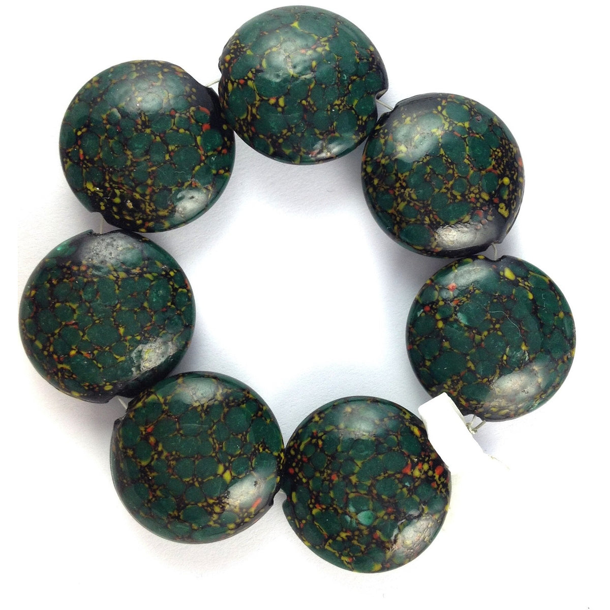 Set of 7 Matched Circular Dark Green Smooth Speckled Glass European Beads - Rita Okrent Collection (ANT396)