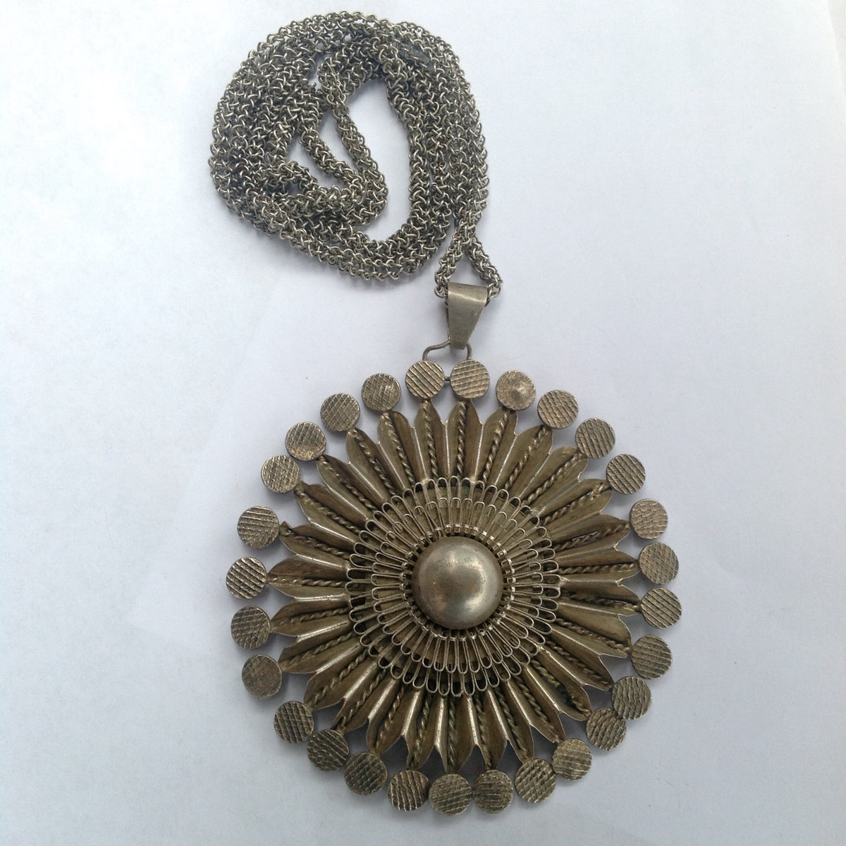 Large Silver Fulani Sun Pendant with Silver Chain, Mali - P679