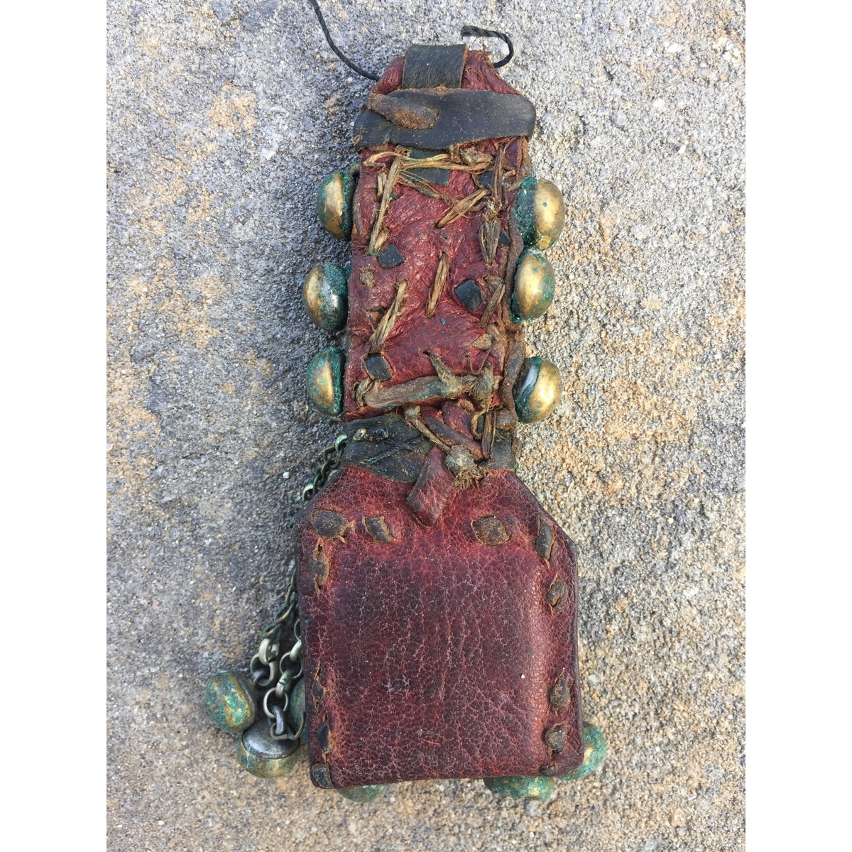 Harratine Gris Gris Leather Protective Amulet with Buttons, Shell, Chains and Brass, Morocco - P564