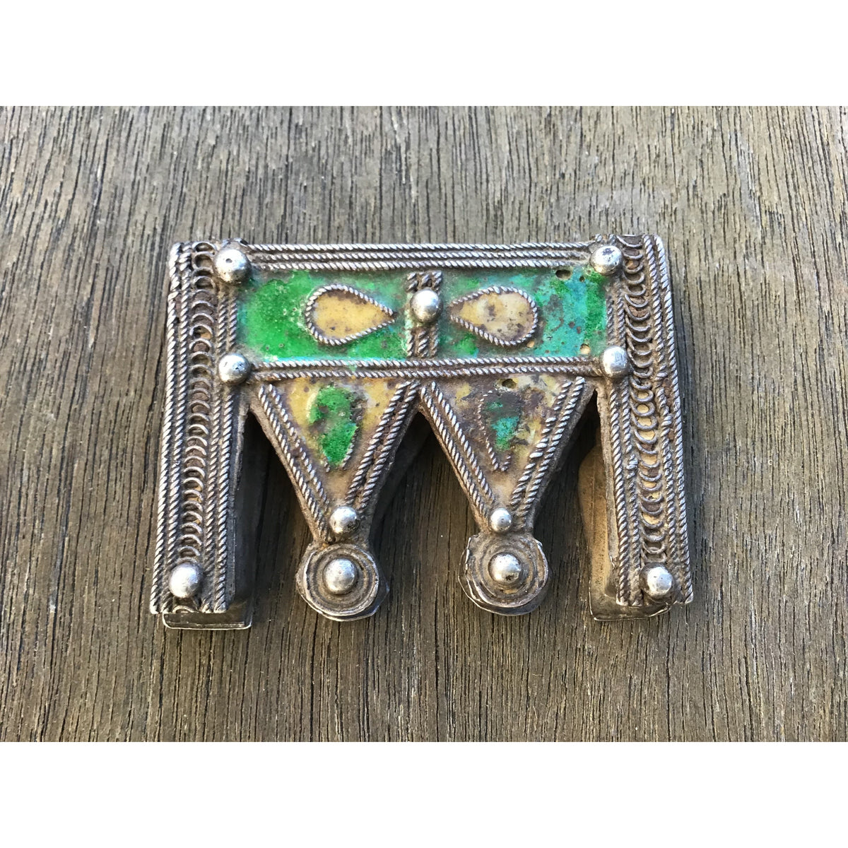 Enameled Yellow and Green Berber Silver Protective Hirz Box Amulet, Morocco - Rita Okrent Collection (P717)