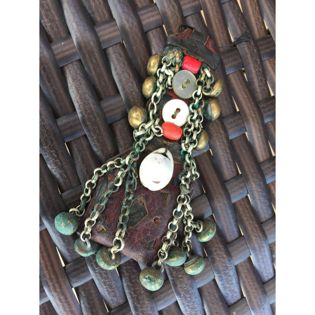 Harratine Gris Gris Leather Protective Amulet with Buttons, Shell, Chains and Brass, Morocco - P564