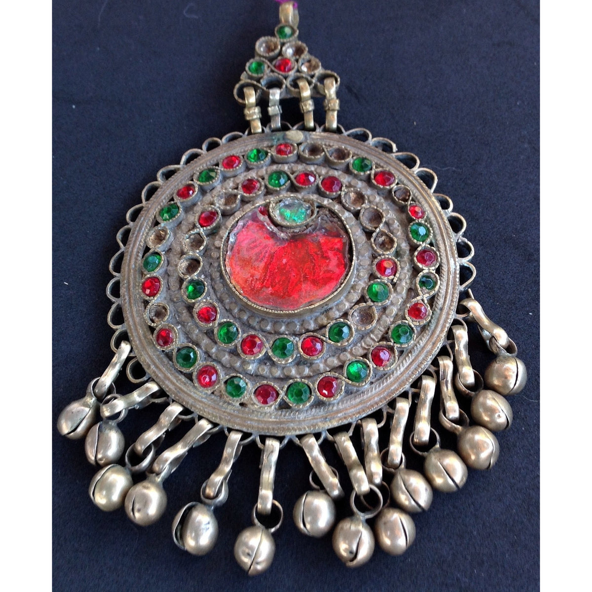 Antique Circular Kuchi Afghani Pendant with Red and Green Settings and Dangles - Rita Okrent Collectinon (P109)