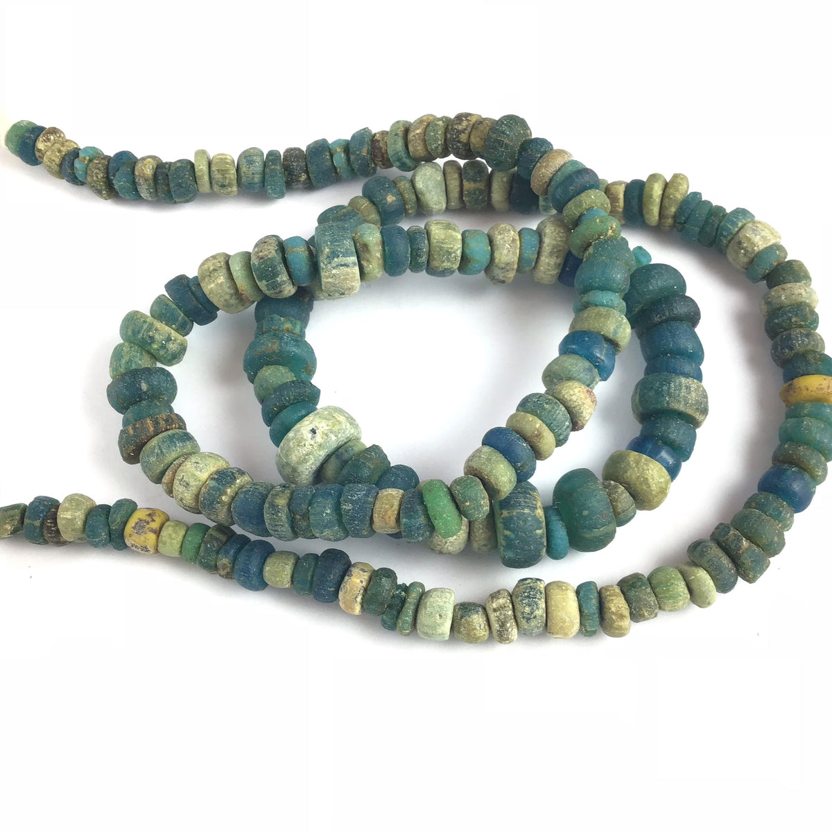 Very Blue and Faded Green Antique Medium Nila Dardig beads, Mali, 24 inch Strand - Rita Okrent Collection (AT0660)