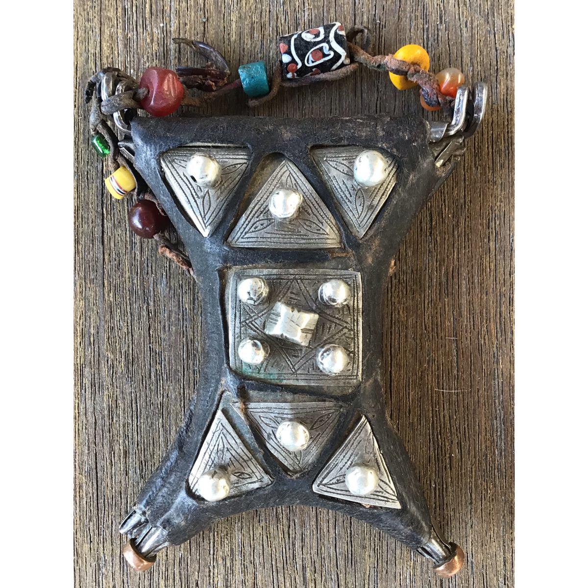 Tuareg Kitab Tcherot Silver and Leather Double Amulet, with Raised Silver Buttons and Decorative Beads, Mauritania - Rita Okrent Collection (P642p)