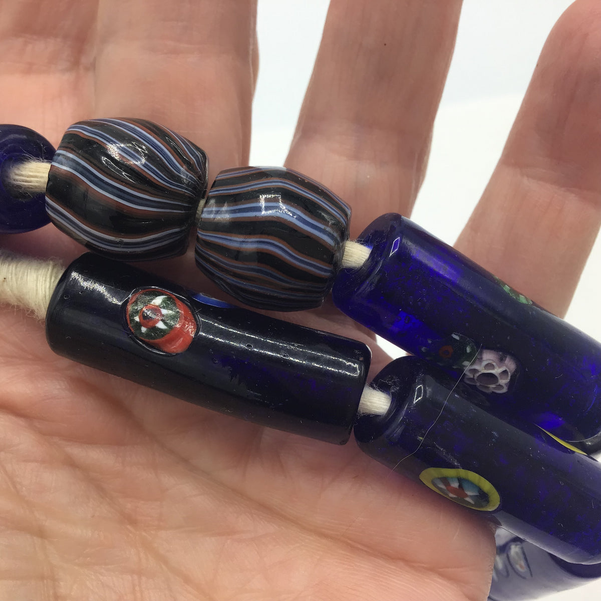 Cobalt Blue Glass Cylinder Beads with Millefiori Flowers -  Rita Okrent Collection (AT0756)