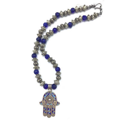 Moroccan Berber Silver and Vintage Glass Necklace with Enameled Berber Hamsa Amulet - Rita Okrent Collection (NE399)