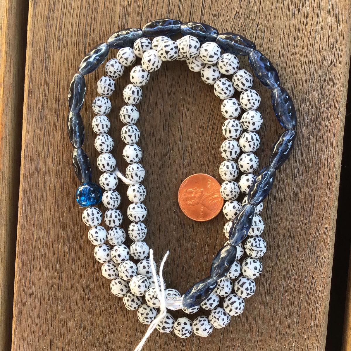 Mixed Speckled Black and White Round Beads with Blue Glass Czech Beads - Rita Okrent Collection (ANT1634)