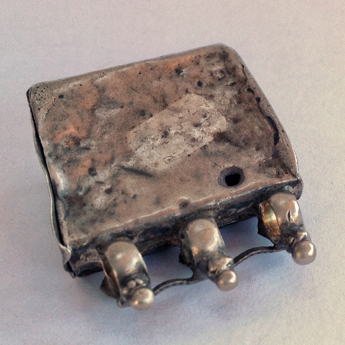 Antique Hindu Silver Repousse Box Amulet from India with 3 Top Bails -  Rita Okrent Collection (P562)