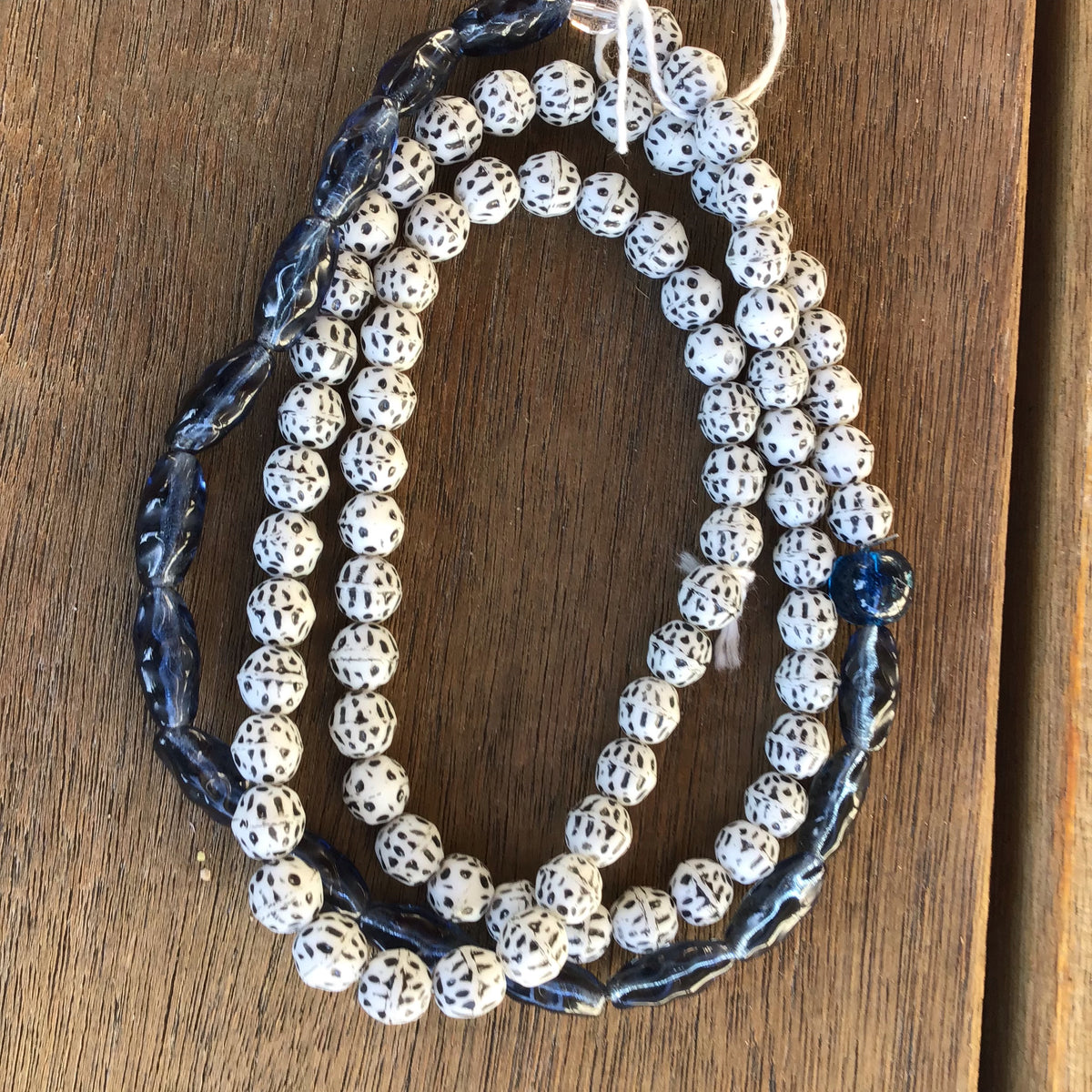 Mixed Speckled Black and White Round Beads with Blue Glass Czech Beads - Rita Okrent Collection (ANT1634)