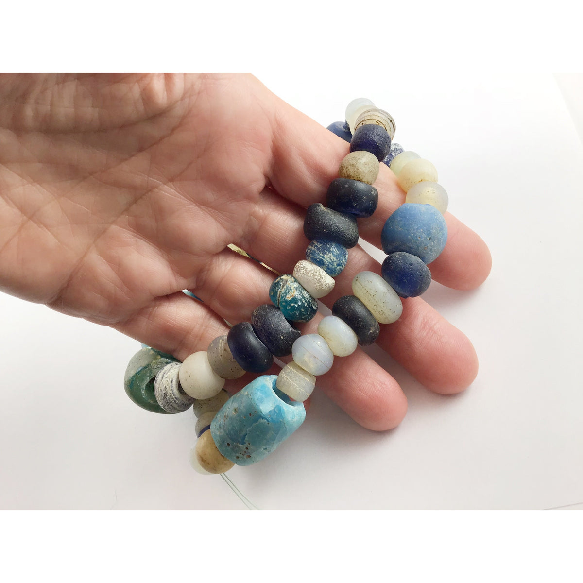 Dutch Glass Opalescent Moon Beads with Dark Blue Dutch Donuts and Large Blue Glass - Rita Okrent Collection (ANT445)