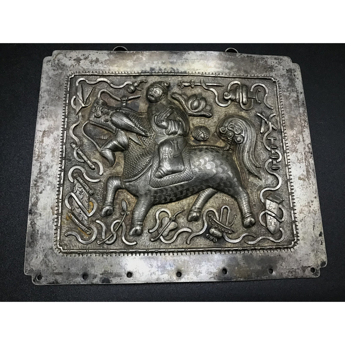 Antique Chinese Repousse Silver Plaque with Warrior on Decorated Horse - Rita Okrent Collection (C180)