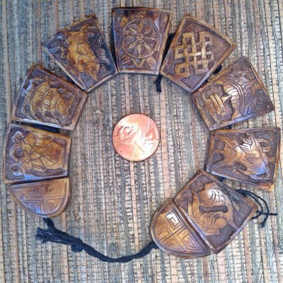 Carved Wooden Buddhist Flat 4-Holed Beads, Strand, Nepal - Rita Okrent Collection (ANT117)