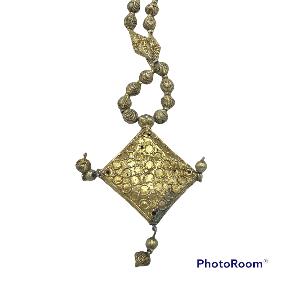 Mauritanian Gold-Plated Gilded Beaded Necklace with Diamond Shaped Pendant - Rita Okrent Collection (NE577)