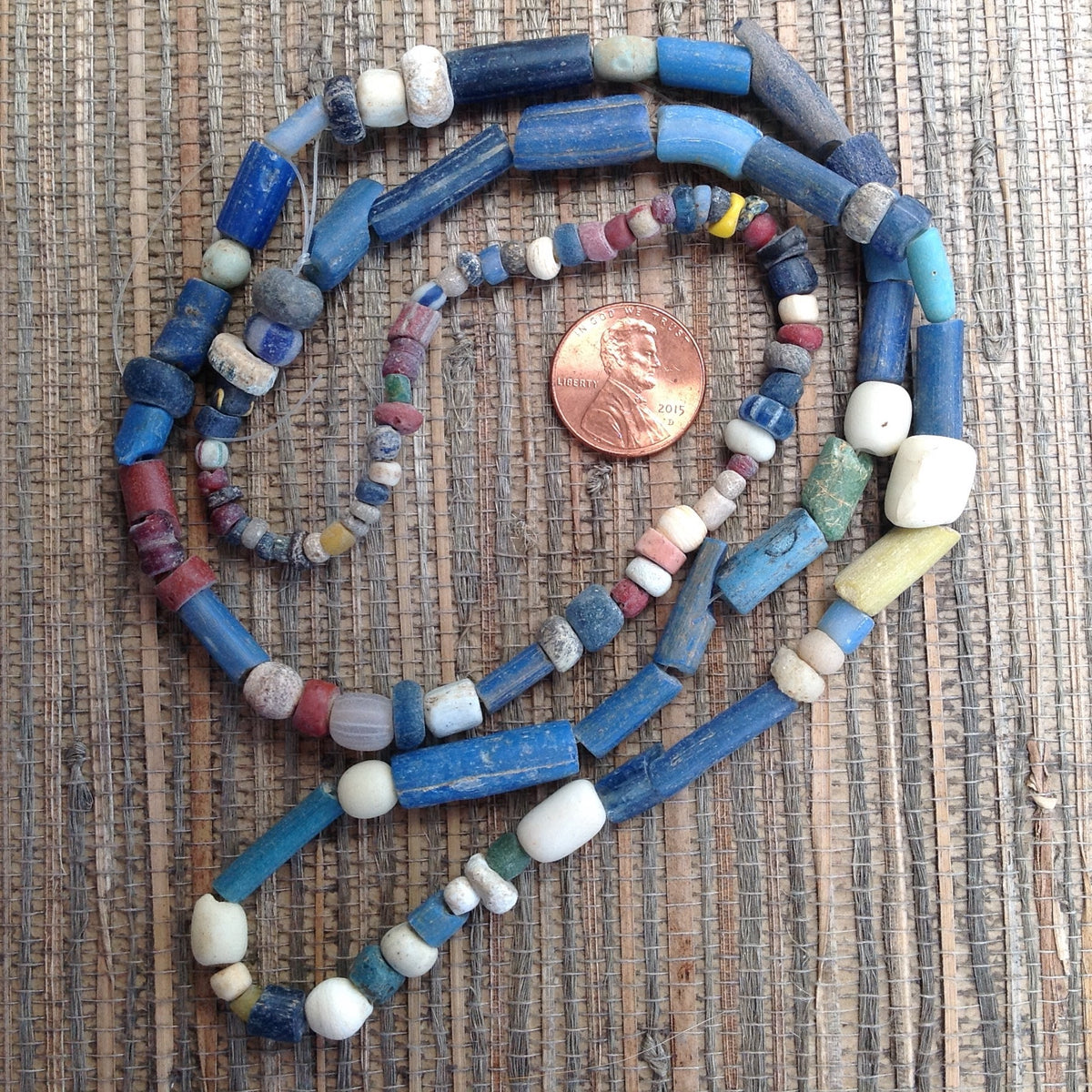 Mixed Blue and Red Glass Koli Aggrey Beads, Timbuktu or Djenne, Mali, with Nila beads AT0068