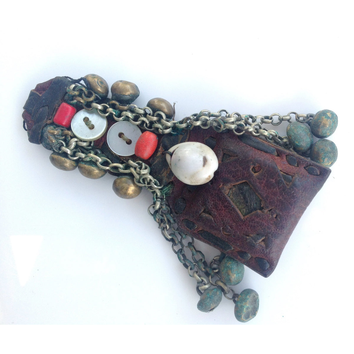 Harratine Gris Gris Leather Protective Amulet with Buttons, Shell, Chains and Brass, Morocco - P564