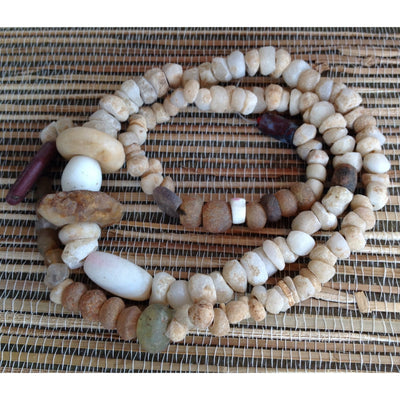 Mixed Excavated Very Old Hand-Carved Tan and Brown Agate,  Rock Crystal, and Biscuit Stone Beads, Sahara - S321g