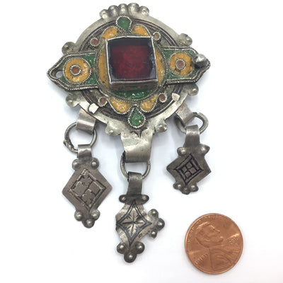 Old Berber Enamel Amulet with Red Glass Inset and Three Hanging Kite Dangles - Rita Okrent Collection (P617)