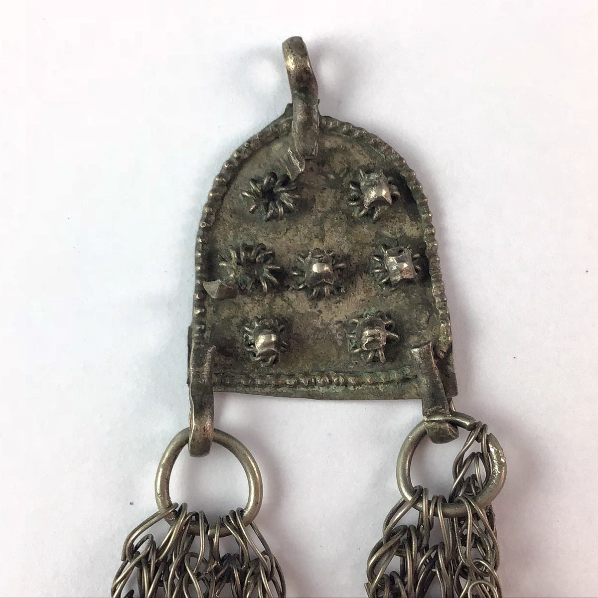 Bedouin Silver Metal Hanging Pendant with Long Chains and Tiny Bells - Rita Okrent Collection (P681)