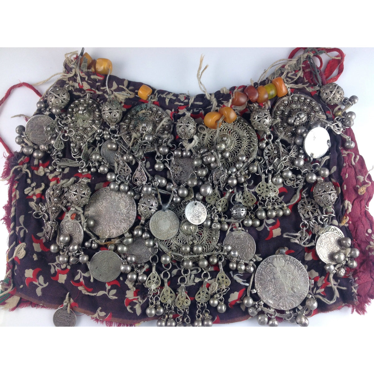 Spectacular Old Yemeni Bedouin Textile with Silver Pendants and Coins and Amber Beads - C516