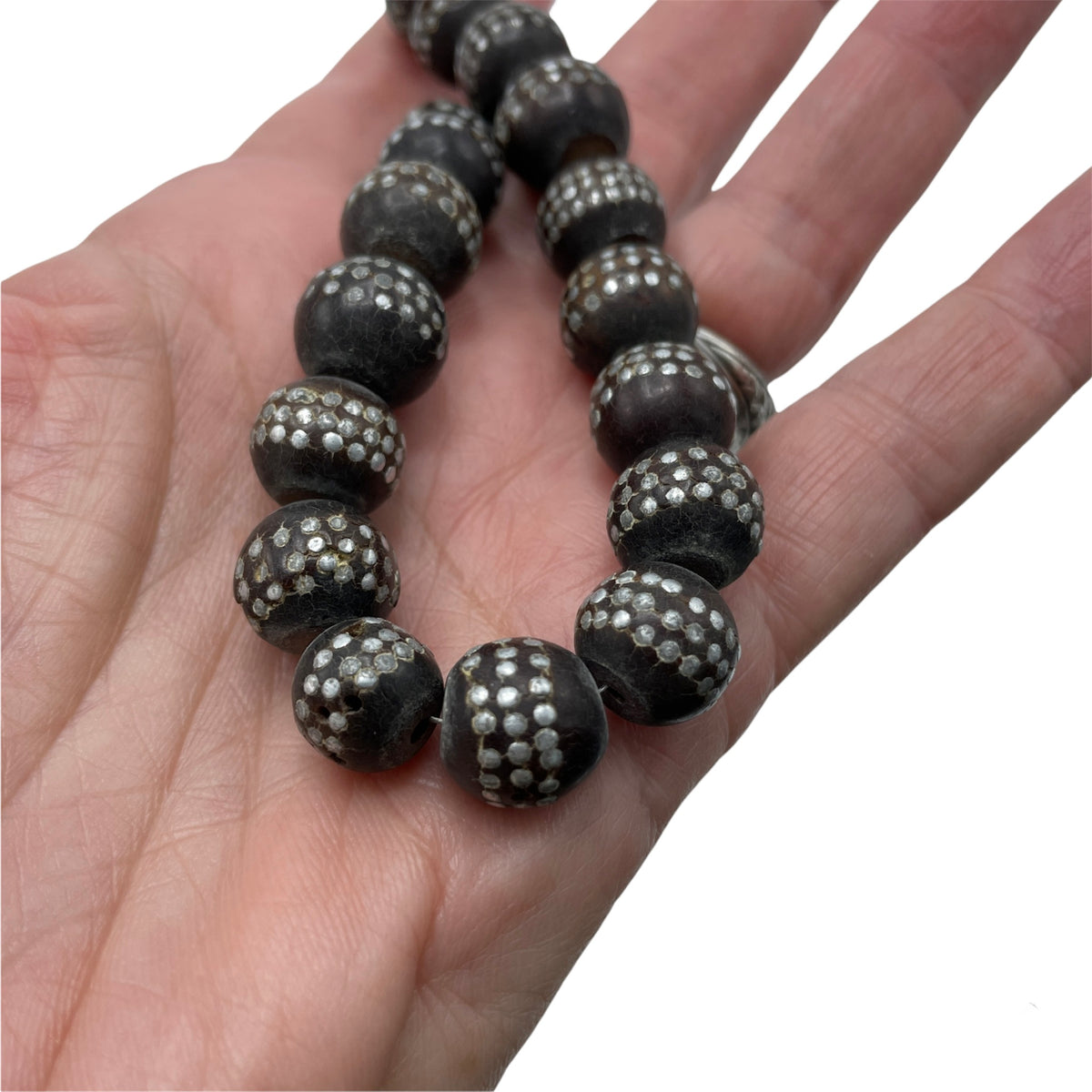 Yemeni Black Coral Beads with Silver Inlay, from a Tesbih - Prayer Strand - Worry Beads - Rita Okrent Collection (ANT650)