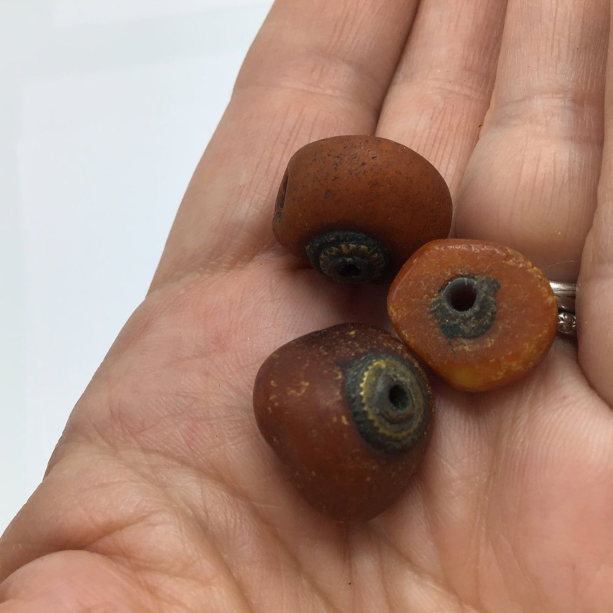 Set of 3 Collectible Antique Natural Amber Beads with Metal Bead Caps, Mauritania, West African Trade - Rita Okrent Collection (C555n)