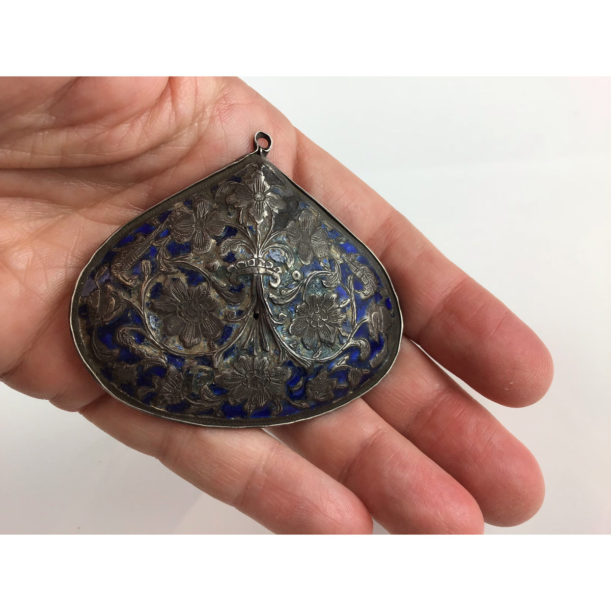 Antique Persian Blue Enameled Silver Brooch Pendant, Iran - Rita Okrent Collection (C558)