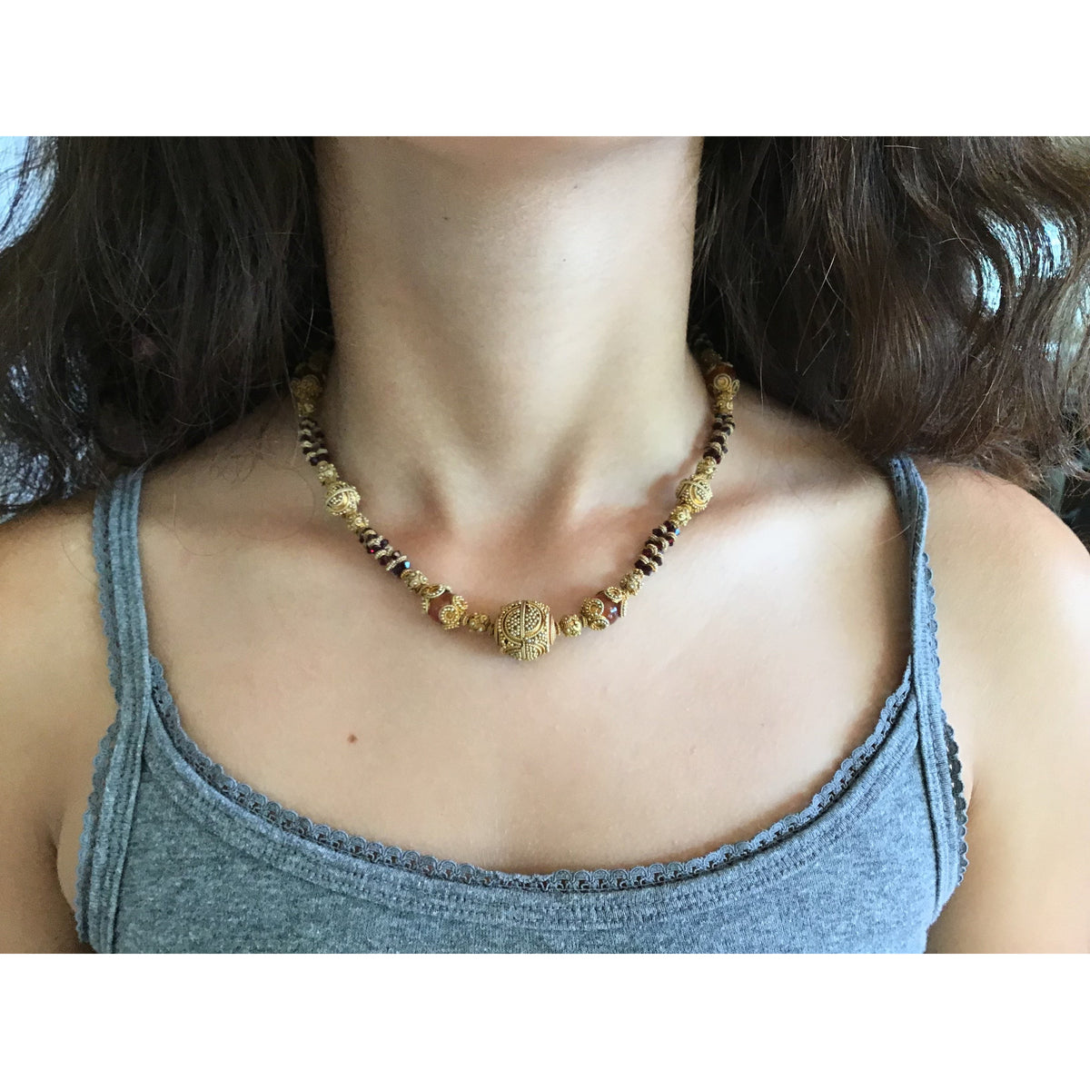 Mauritanian Traditional Gilded Granulated Beaded Bridal Necklace, with Garnet and Amber Glass  - Rita Okrent Collection (NE307)
