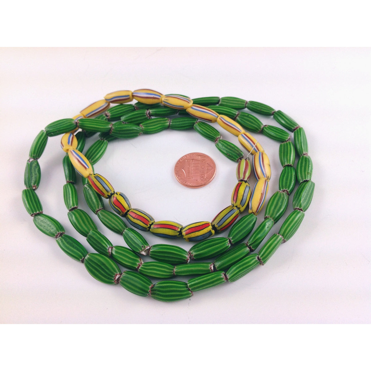 Antique Striped Melon Beads in Green, Red and Yellow from the African Trade, Ghana - AT1059a