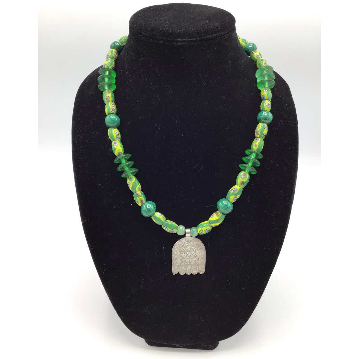 Green African Trade Bead Necklace with Silver Hamsa - Rita Okrent Collection (NE409)