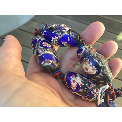 Deep Blue Large Java Glass Bicone Shaped End-of-Day Beads Hand Decorated with Venetian Chevron Bead Fragments - Rita Okrent Collection (C457)