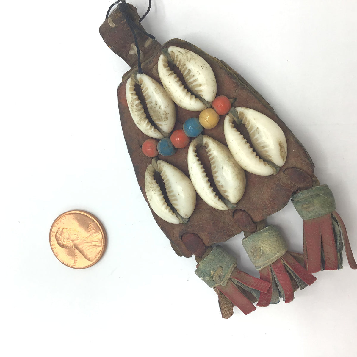 Harratine Gris Gris Leather Protective Amulet with Shells and Beads, Morocco - Rita Okrent Collection (P564f)