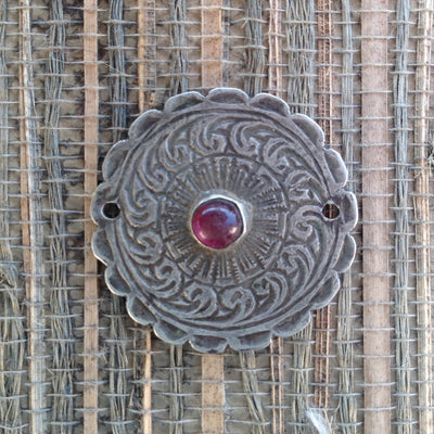 Round Silver Etched Pendant with Glass Inset, Holes on Sides, Morocco - P612