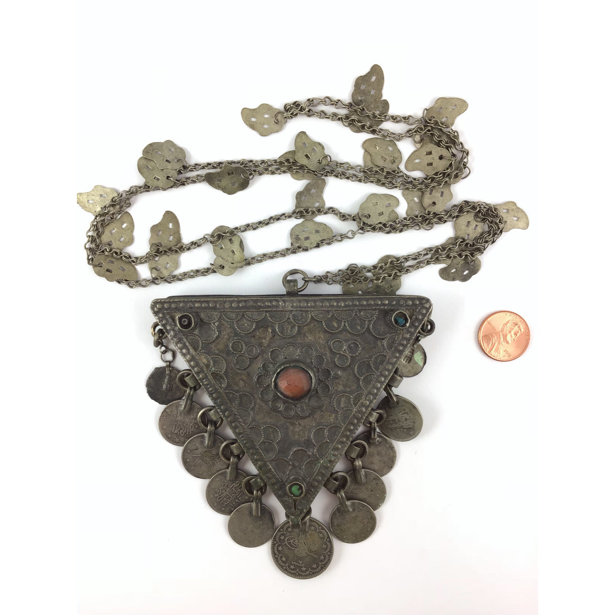 Antique Kurdish Decorated Silver Triangular Box Pendant with Hanging Coins and Carnelian Stone Setting on Chain, Anatolia - Rita Okrent Collection (NE425)