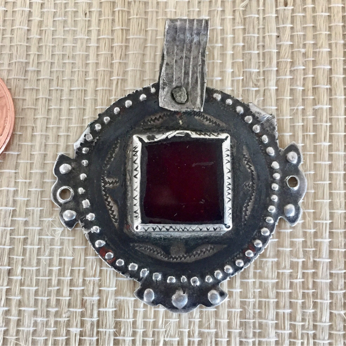 Nice Old Berber Niello Silver and Glass Pendant, Morocco - P538