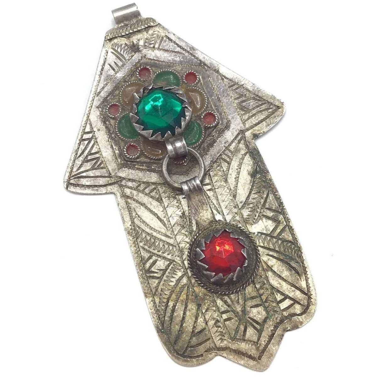 Vintage Etched Silver Berber Hamsa Pendant with Enamel and Green and Red Glass Insets, Morocco - Rita Okrent Collection (P590)