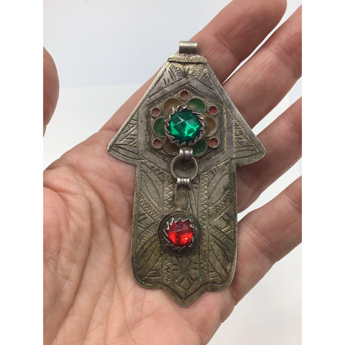 Vintage Etched Silver Berber Hamsa Pendant with Enamel and Green and Red Glass Insets, Morocco - Rita Okrent Collection (P590)