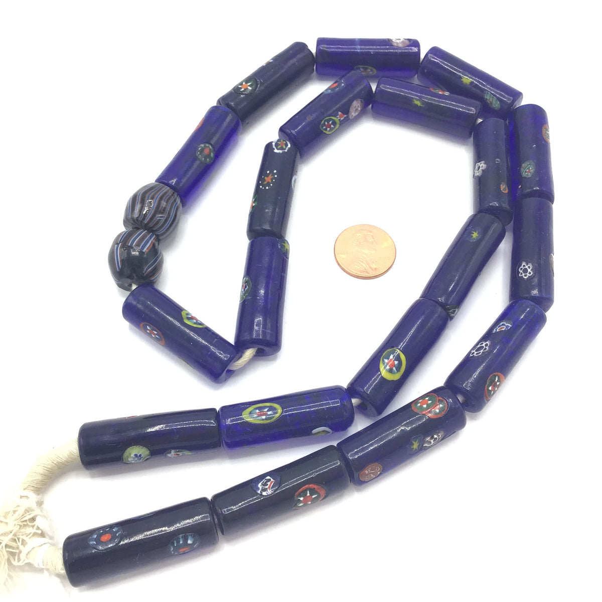 Cobalt Blue Glass Cylinder Beads with Millefiori Flowers -  Rita Okrent Collection (AT0756)