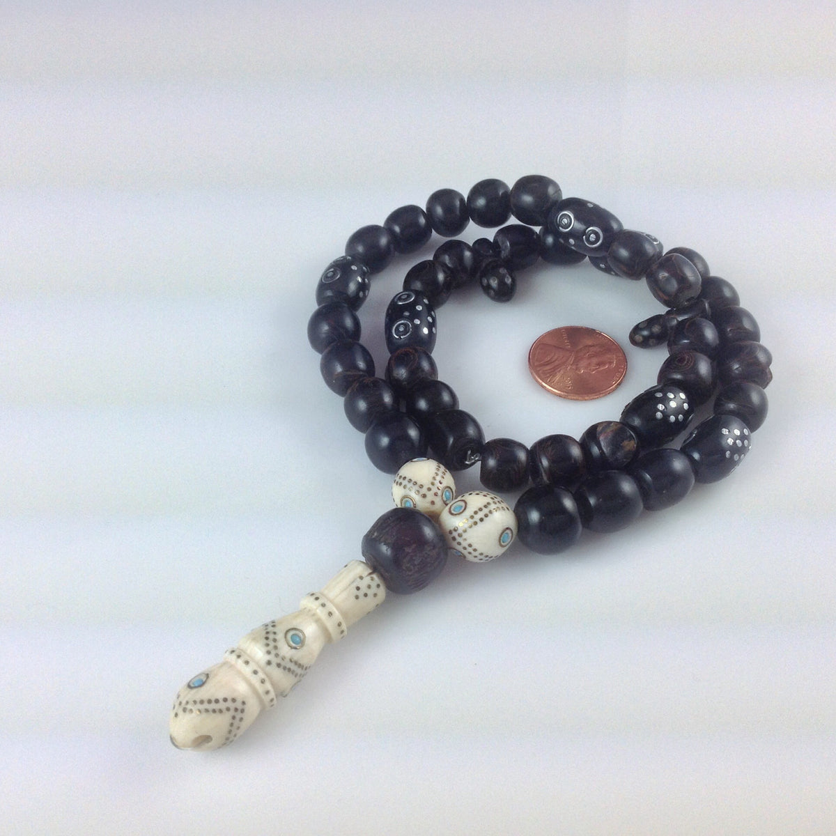 Red Sea Black Coral, Ebony and Bone Prayer Bead Strand with Inlaid Silver, Yemen - Rita Okrent Collection (C194)
