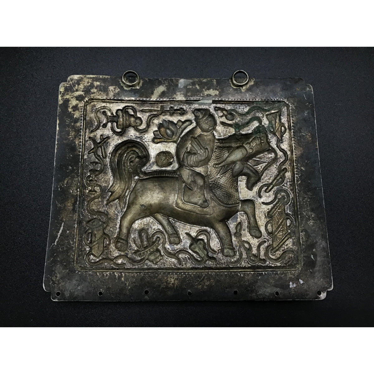 Antique Chinese Repousse Silver Plaque with Warrior on Decorated Horse - Rita Okrent Collection (C180)