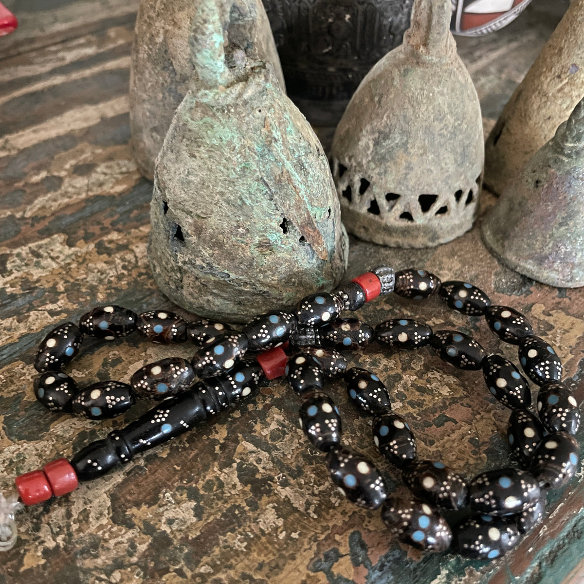 Yemeni Black Coral Beads, Inlaid with Silver and Turquoise, Tesbih - Prayer Strand - Rita Okrent Collection (ANT828)