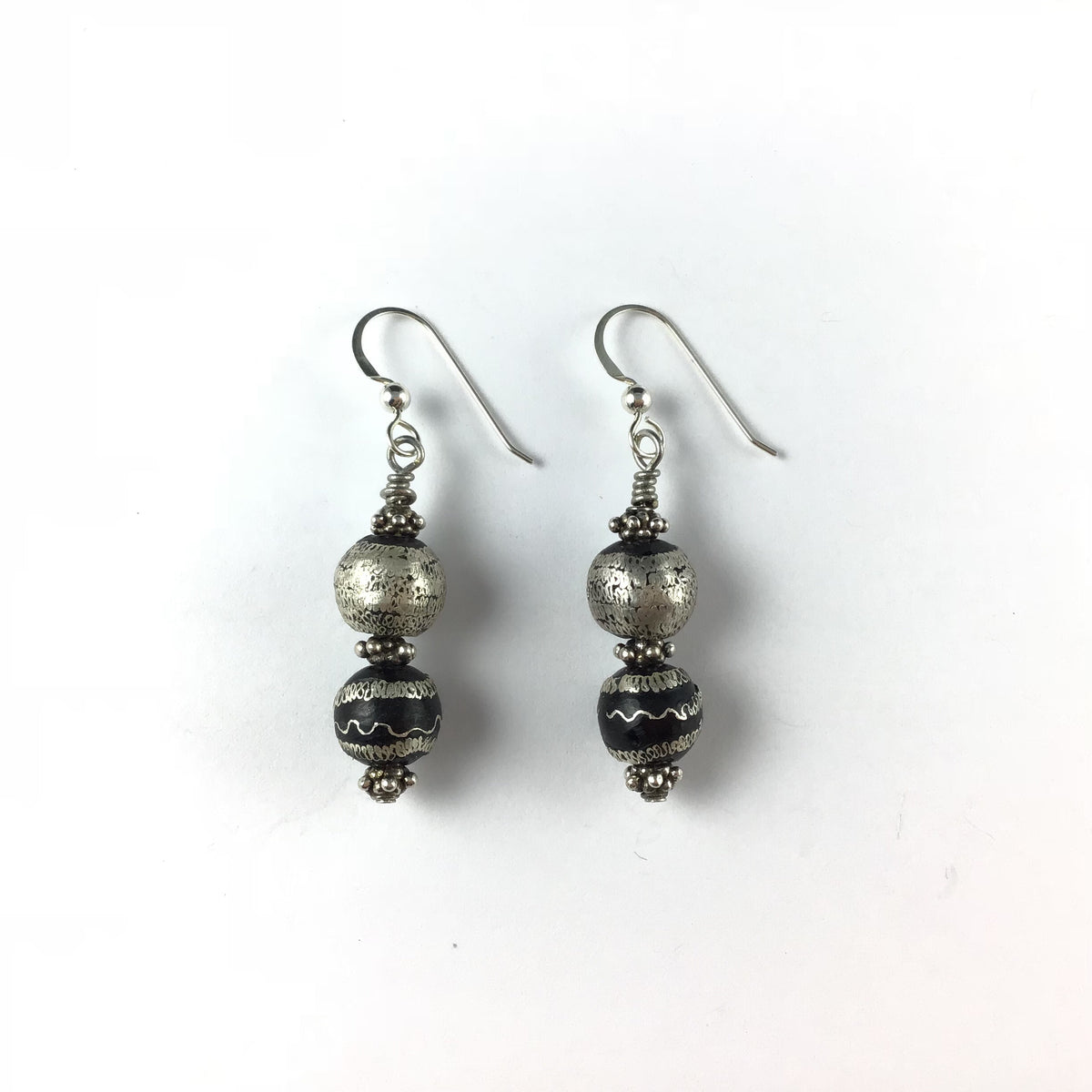 Mauritanian Prayer Bead Earrings with Sterling Silver Beads from Bali - E349b