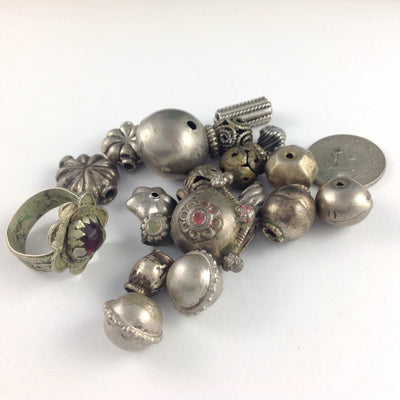 Mixed Group of 18 Coin Silver Beads and Pendants, Various Sizes and Shapes - Rita Okrent Collection (ANT328c)