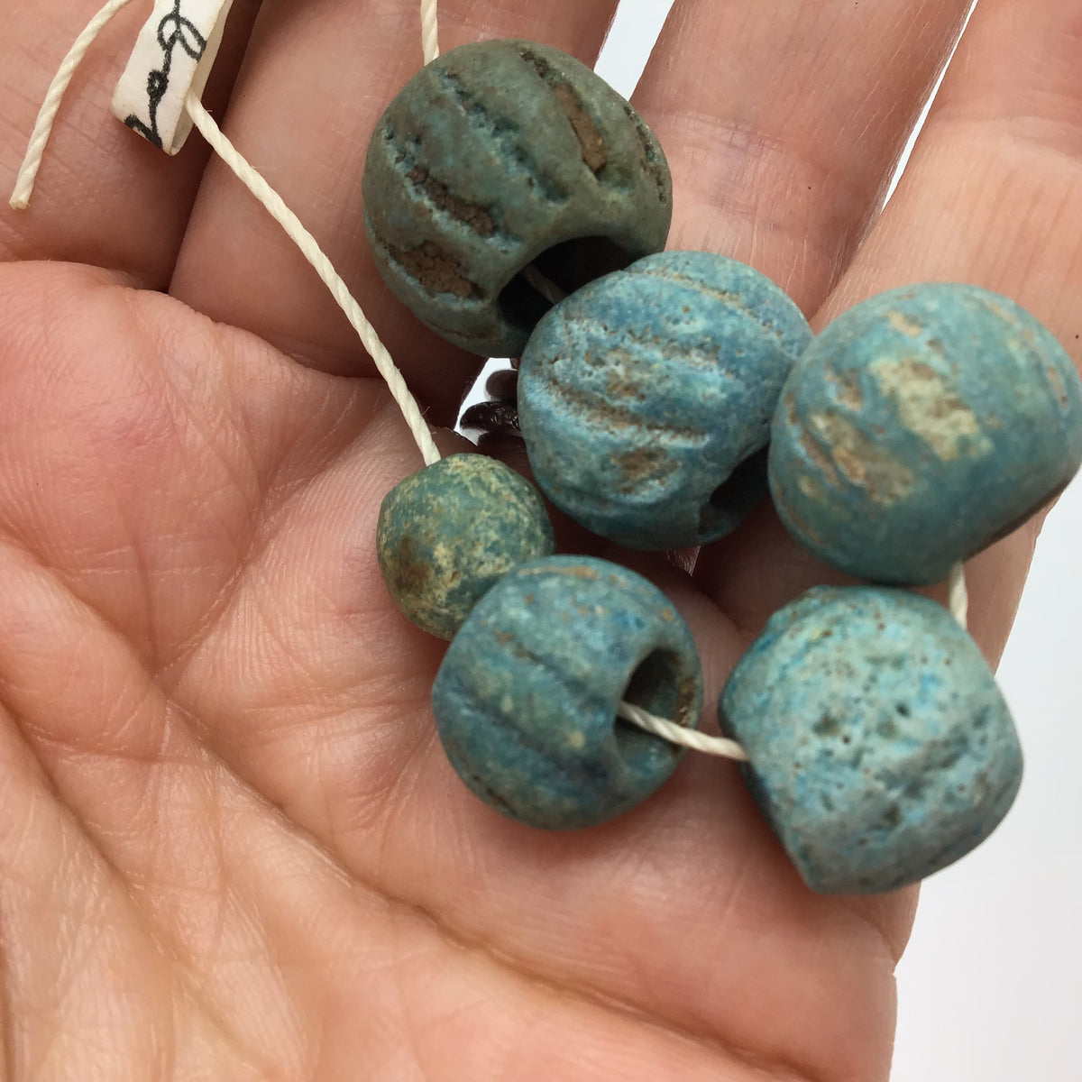 Short Strand of Aqua Blue Egyptian Faience Melon Beads - Rita Okrent Collection (C118b)