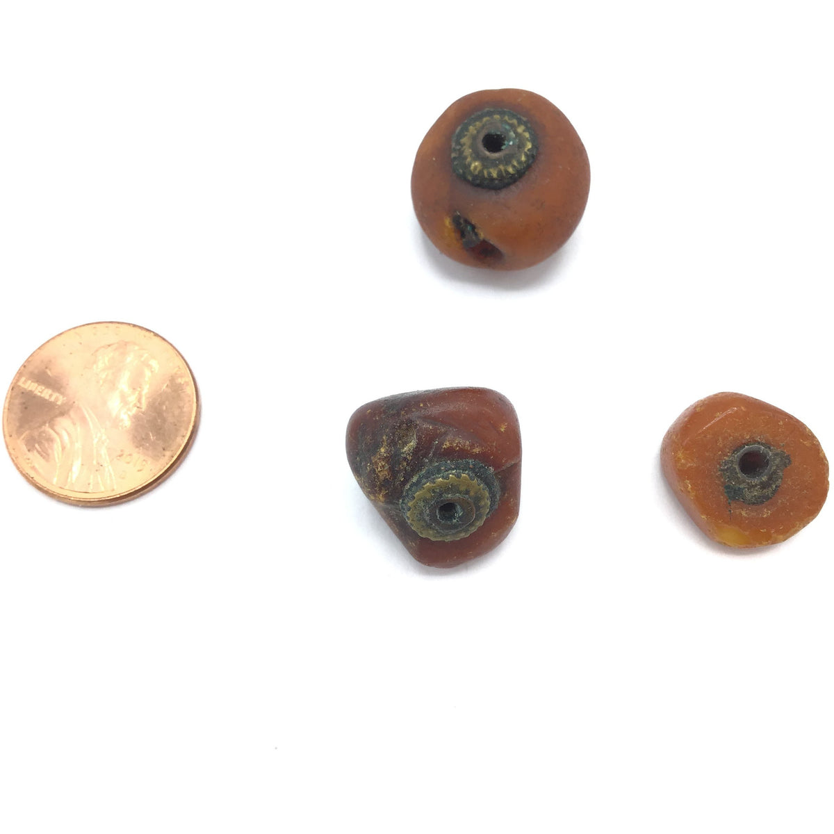 Set of 3 Collectible Antique Natural Amber Beads with Metal Bead Caps, Mauritania, West African Trade - Rita Okrent Collection (C555n)