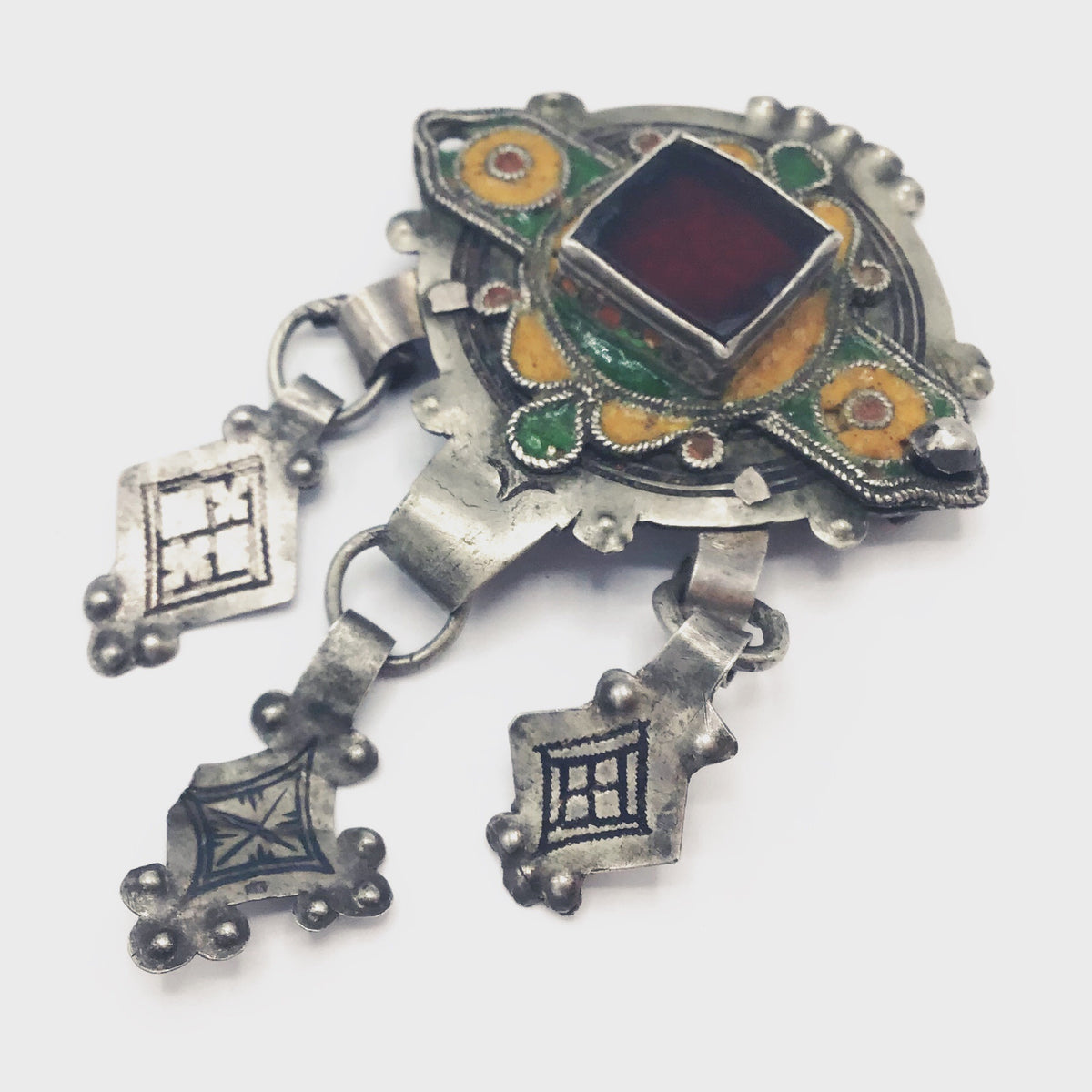 Old Berber Enamel Amulet with Red Glass Inset and Three Hanging Kite Dangles - Rita Okrent Collection (P617)