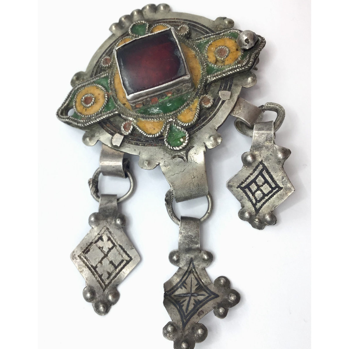 Old Berber Enamel Amulet with Red Glass Inset and Three Hanging Kite Dangles - Rita Okrent Collection (P617)