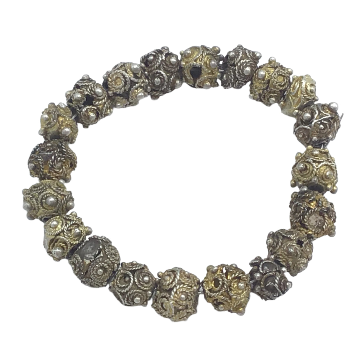 Strand of 20 Small Silver and Gold-Washed Beads with Granulation and Decorative Roping, with Bits of Damage - Rita Okrent Collection (C460d))